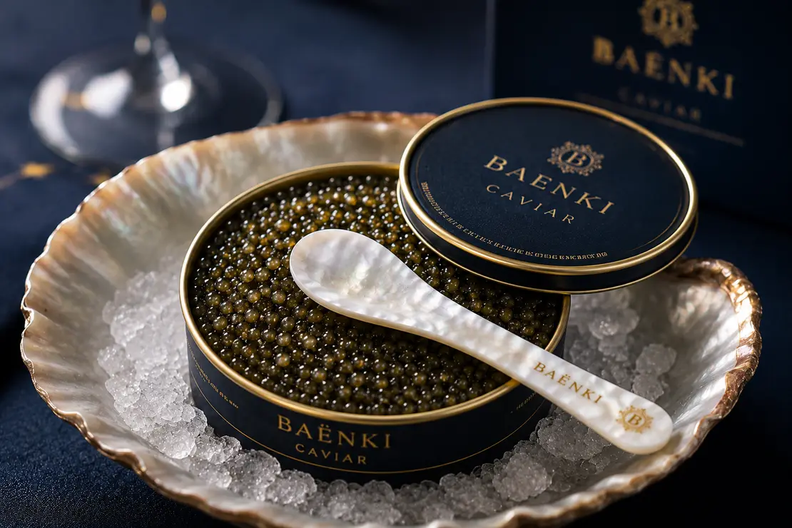 Boîte de caviar baeri ouverte sur de la glace pilée, avec une cuillère en nacre