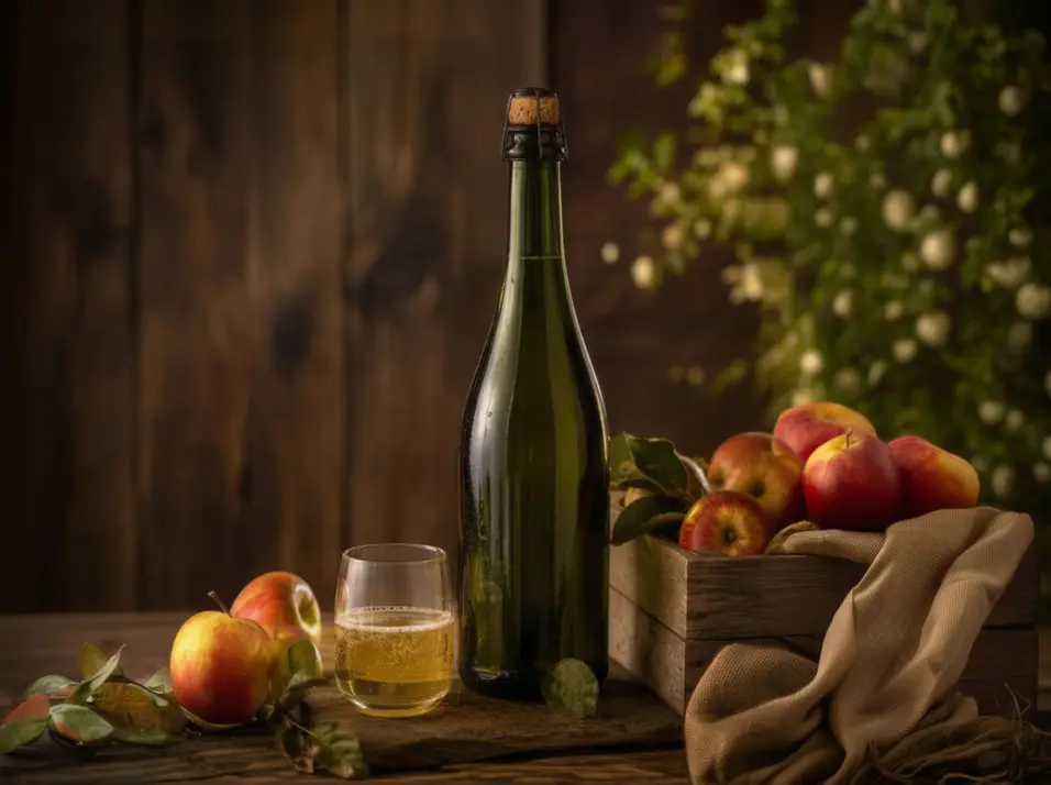 Bouteille de cidre, verre et pommes