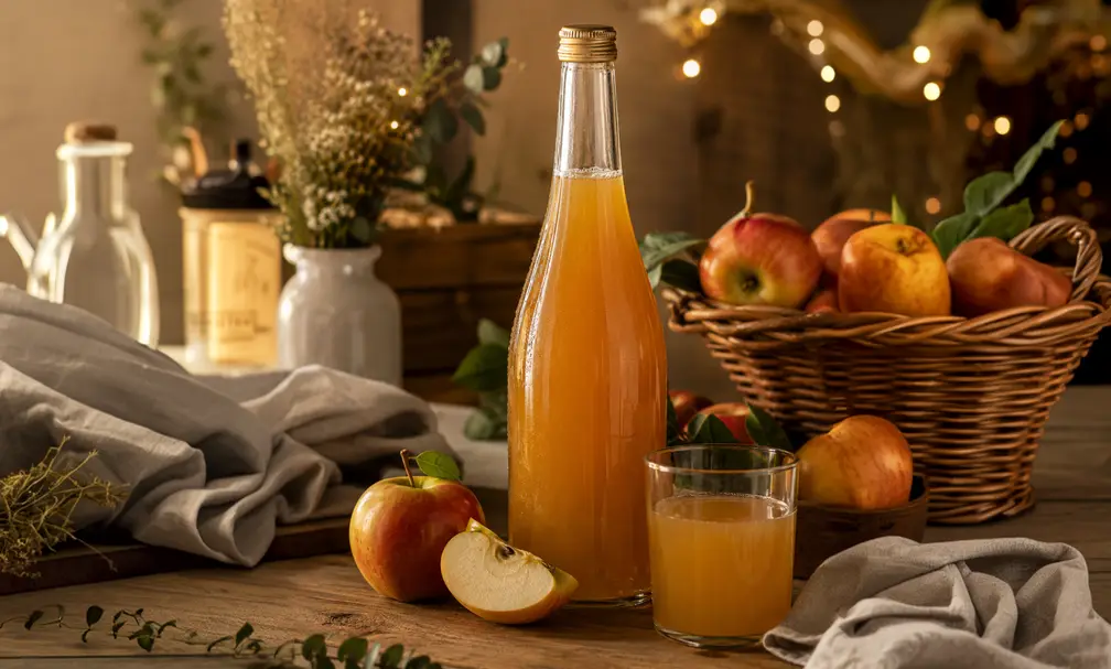 Bouteille et verre de jus de pomme, pommes