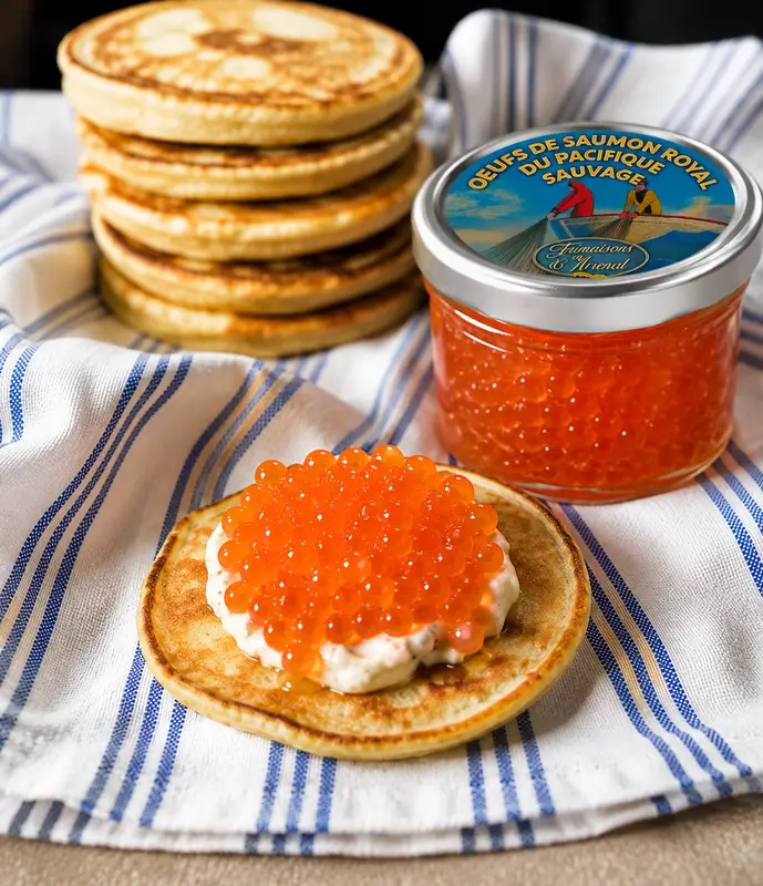 Blinis garnis d’œufs de saumon, à côté d’un bocal d’œufs de saumon