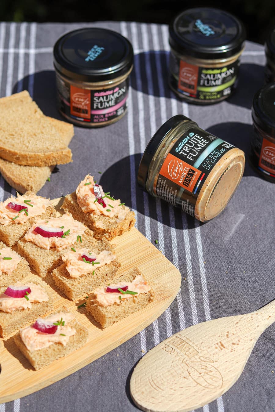 Toasts de rillettes de saumon fumé et pots de rillettes sur une nappe rayée
