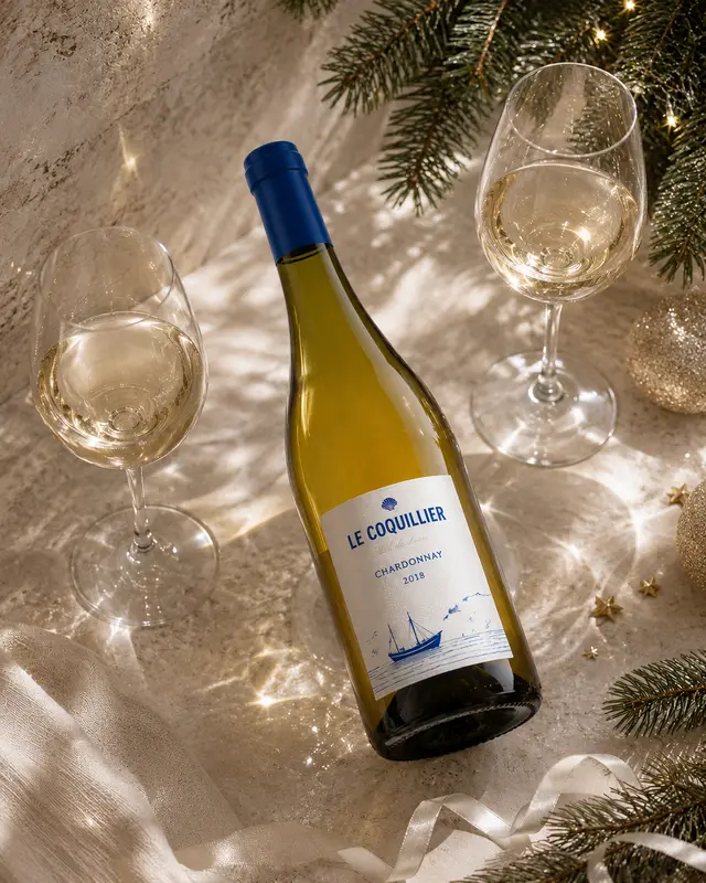 Bouteille de vin blanc et deux verres sur une nappe scintillante