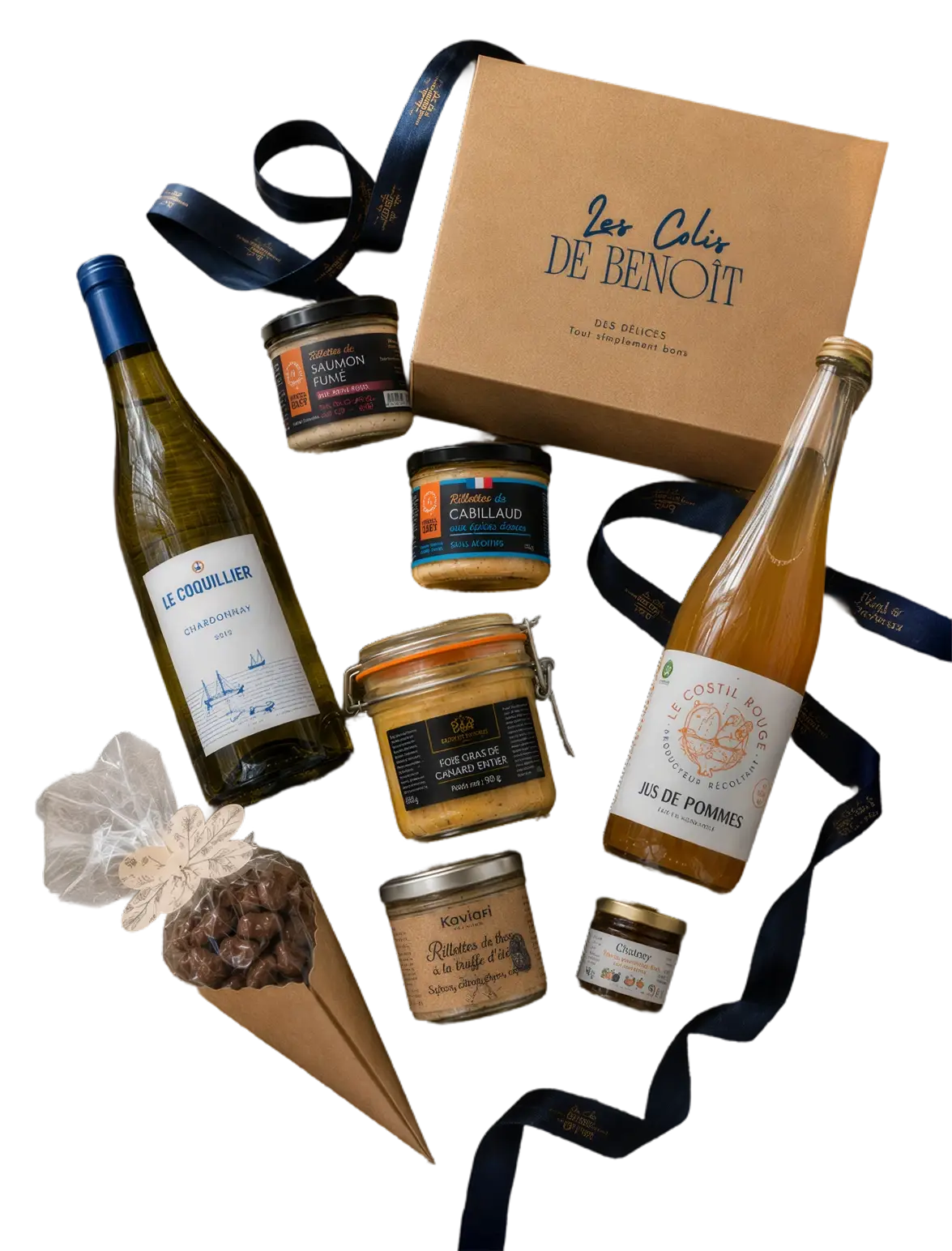 Coffret Les Colis de Benoît garni de rillettes, foie gras, vin blanc, jus de pommes et chocolats