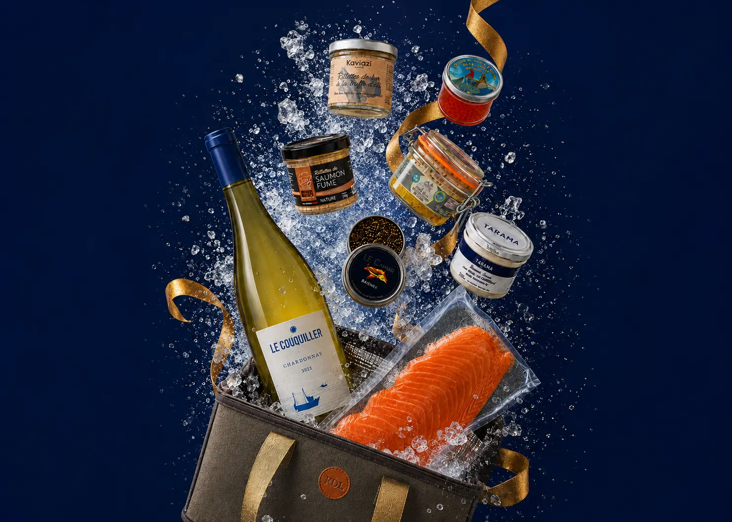 Colis de produits frais : saumon fumé, vin blanc, rillettes et caviar