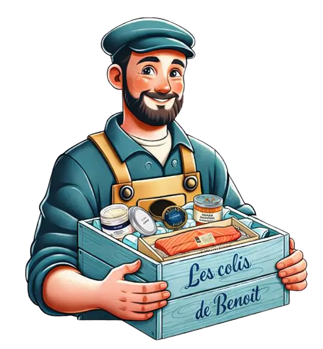 Illustration d’un pêcheur souriant portant une caisse Les Colis de Benoît garnie de bocaux
